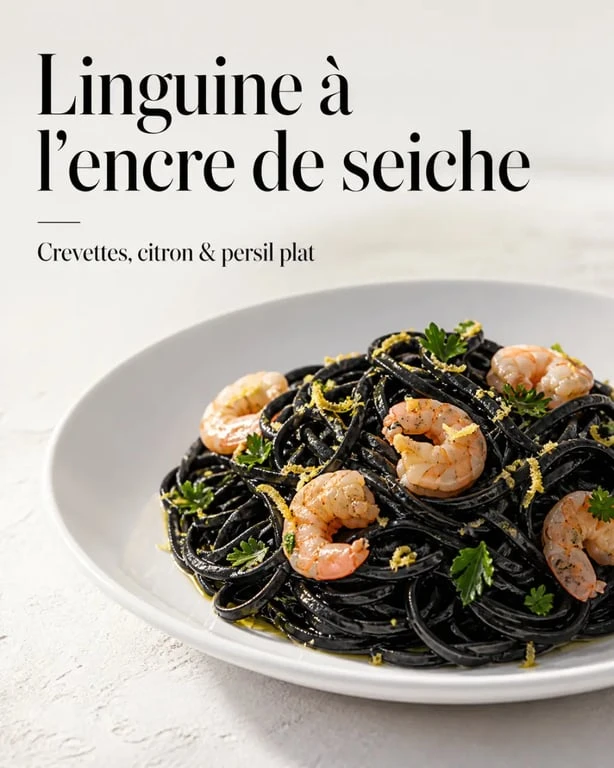 Recette pâtes à l'encre de seiche recette italienne aux crevettes, citron et persil dans une assiette blanche