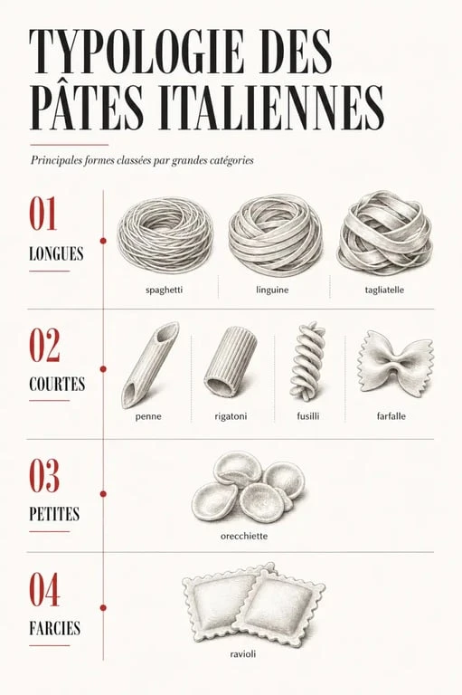 Pâtes italiennes liste illustrée par catégories et formes