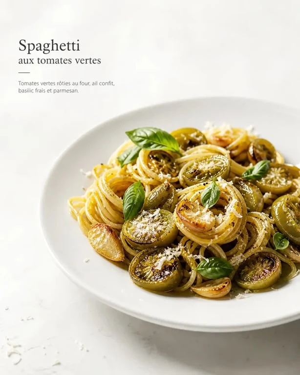 Tomates vertes recette italienne : spaghetti aux tomates vertes au four avec basilic et parmesan