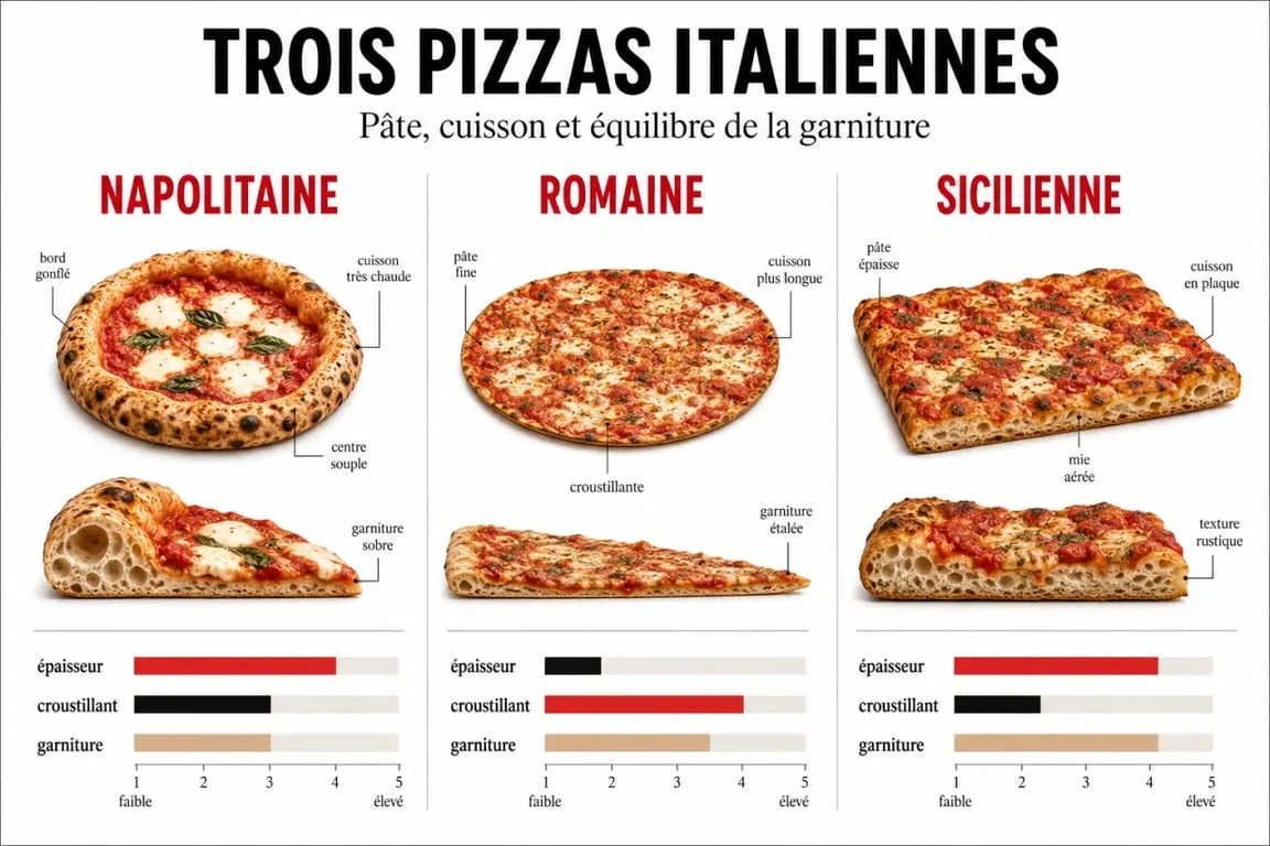 Italie pizza : comparaison visuelle des styles napolitain, romain et sicilien