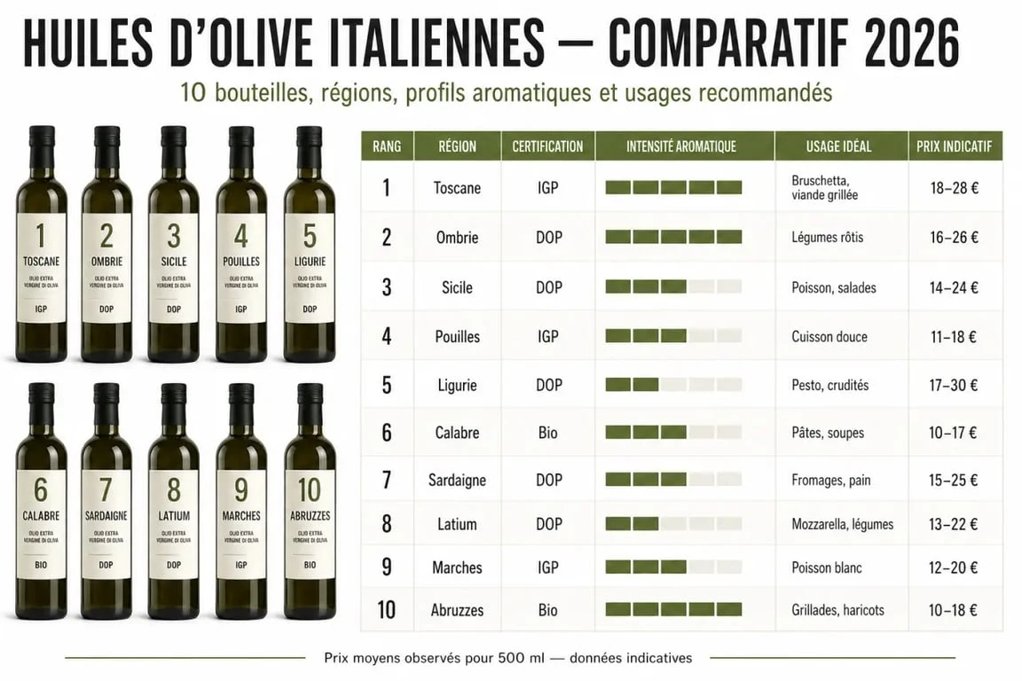 Top 10 meilleur huile d’olive italienne : infographie comparative des régions, certifications et usages