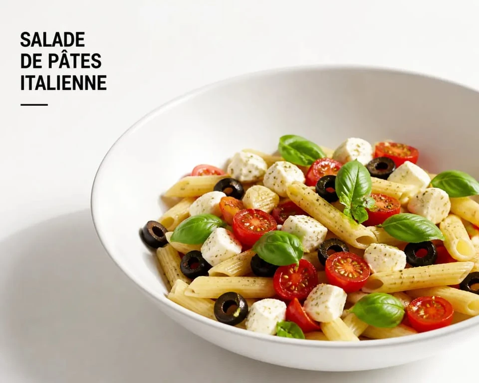 Salade de pâtes italiennes appétissante avec tomates, mozzarella, basilic et olives