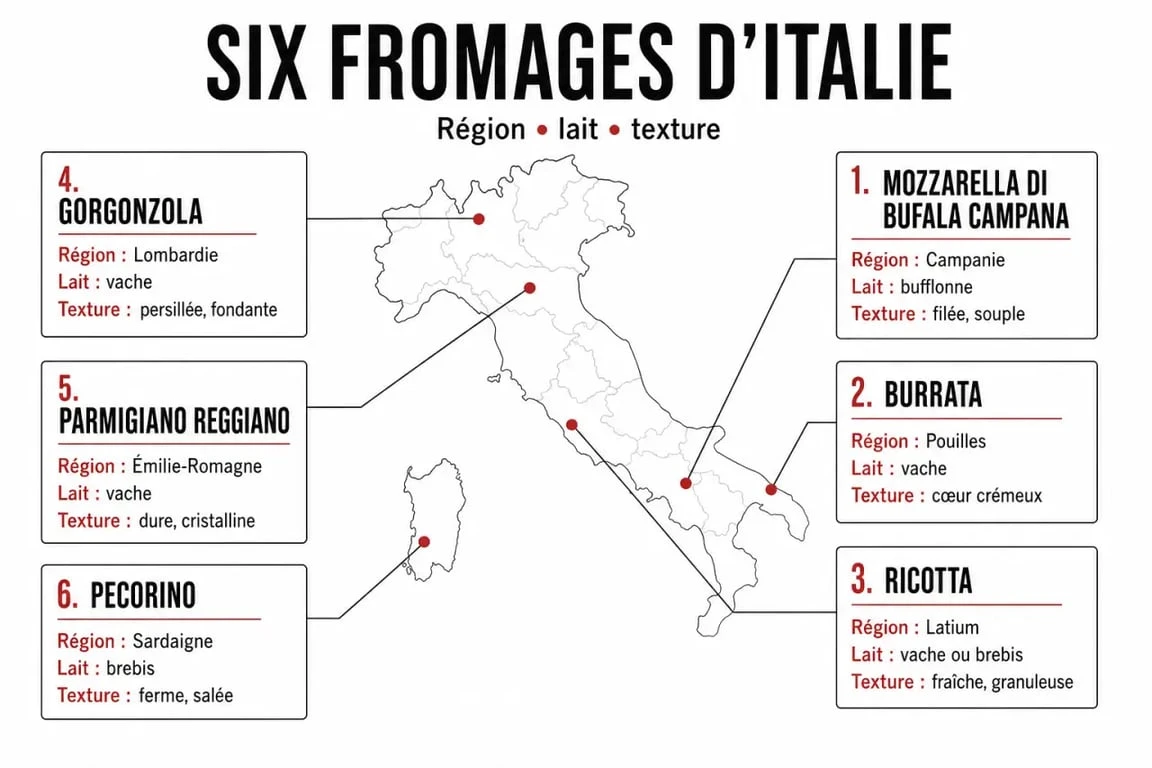 6 fromages italiens : carte comparative des régions, du lait et des textures