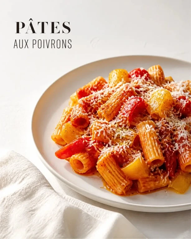 Recette italienne pâtes aux poivrons servie dans une assiette avec sauce tomate et parmesan