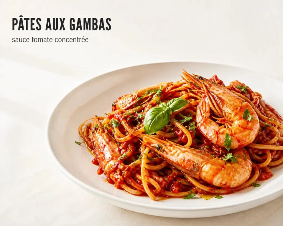 Recette italienne pâtes aux gambas servie dans une assiette élégante avec sauce tomate et herbes fraîches