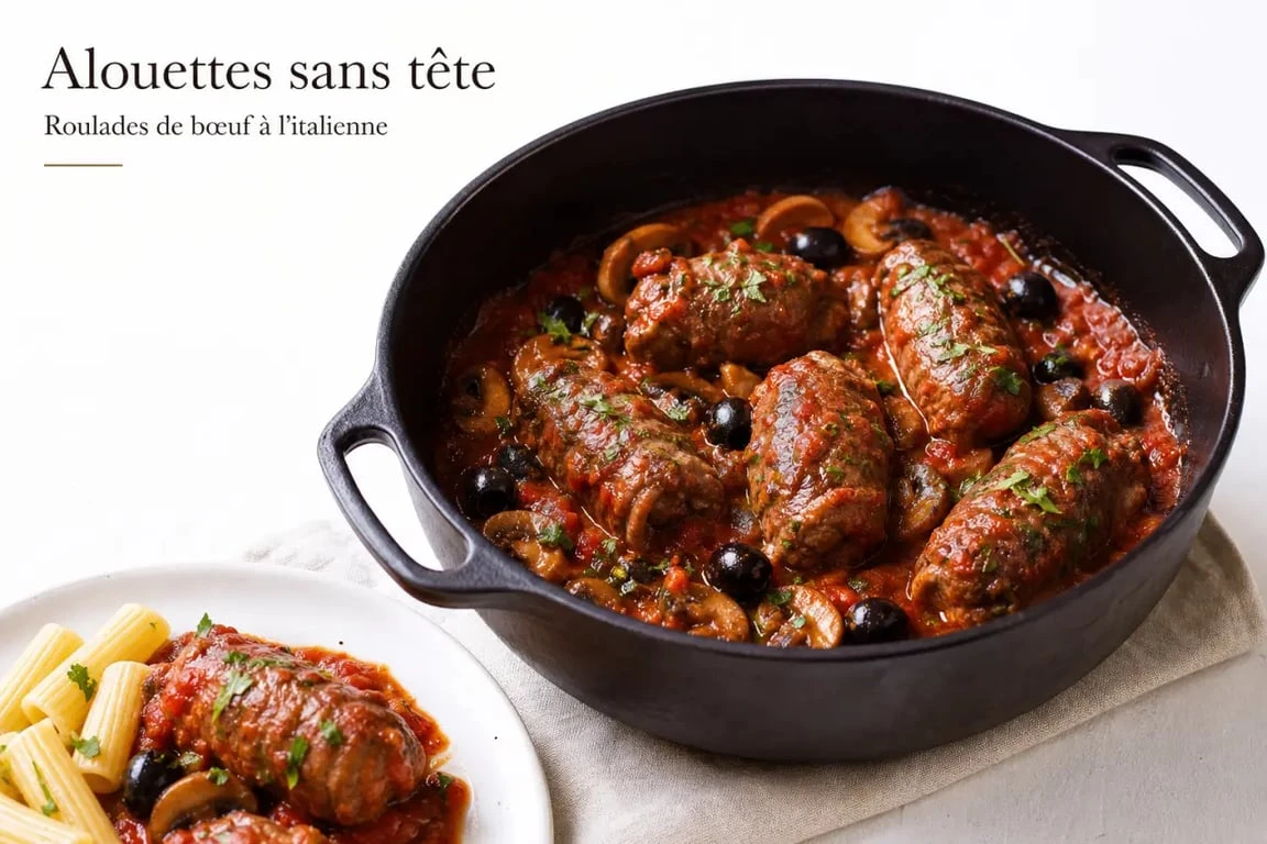 Alouette sans tête recette italienne servie avec sauce tomate et pâtes