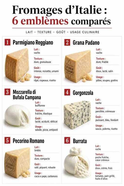 Fromage d italie : infographie comparative des fromages italiens emblématiques, avec leurs laits, textures et usages