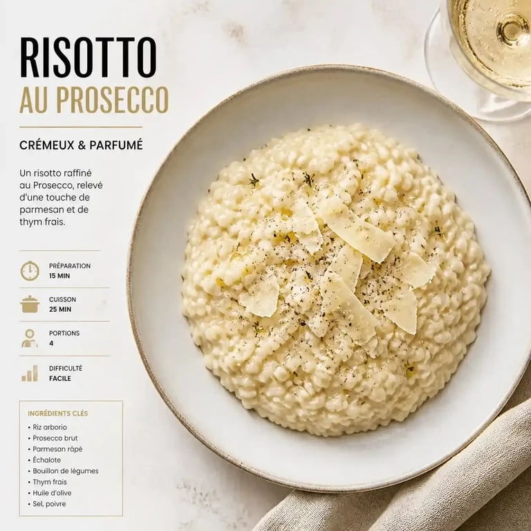 Recette de risotto au vin pétillant italien Prosecco servi dans une assiette