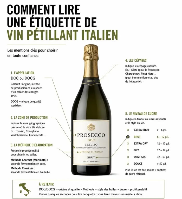 Guide visuel pour lire une étiquette de vin pétillant italien et comprendre les mentions DOC et DOCG