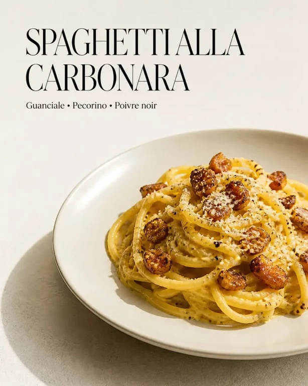 Recette pâtes italiennes : spaghetti alla carbonara traditionnelle en assiette, vue appétissante