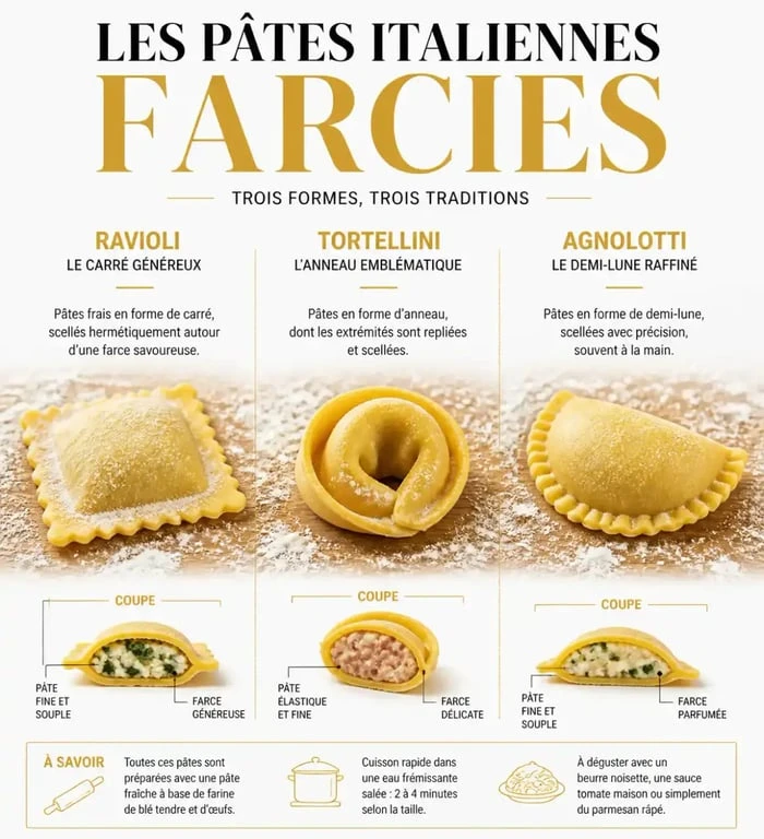 Différentes formes de pâtes italiennes farcies : ravioli, tortellini et agnolotti