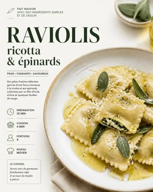 Assiette de pâtes italiennes farcies maison à la ricotta et épinards
