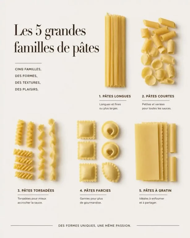 Noms des pâtes italiennes illustrés par plusieurs formes de pâtes italiennes sur fond neutre