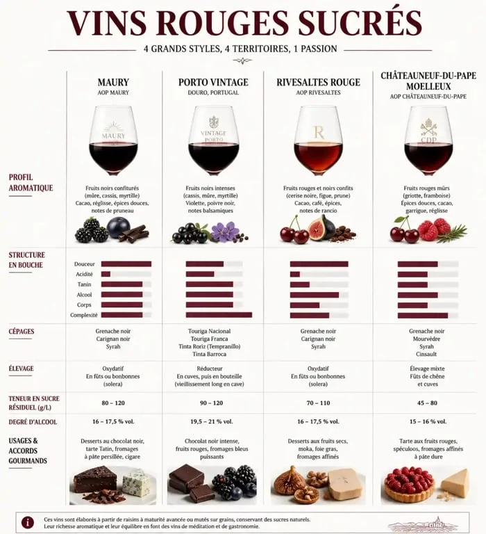 Comparatif des différents styles de vins rouges sucrés et leurs accords mets-vins
