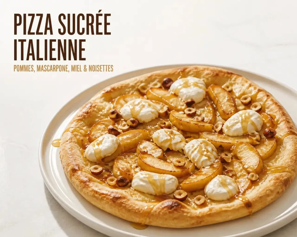 Pizza sucrée italienne aux pommes, mascarpone et noisettes sur assiette blanche