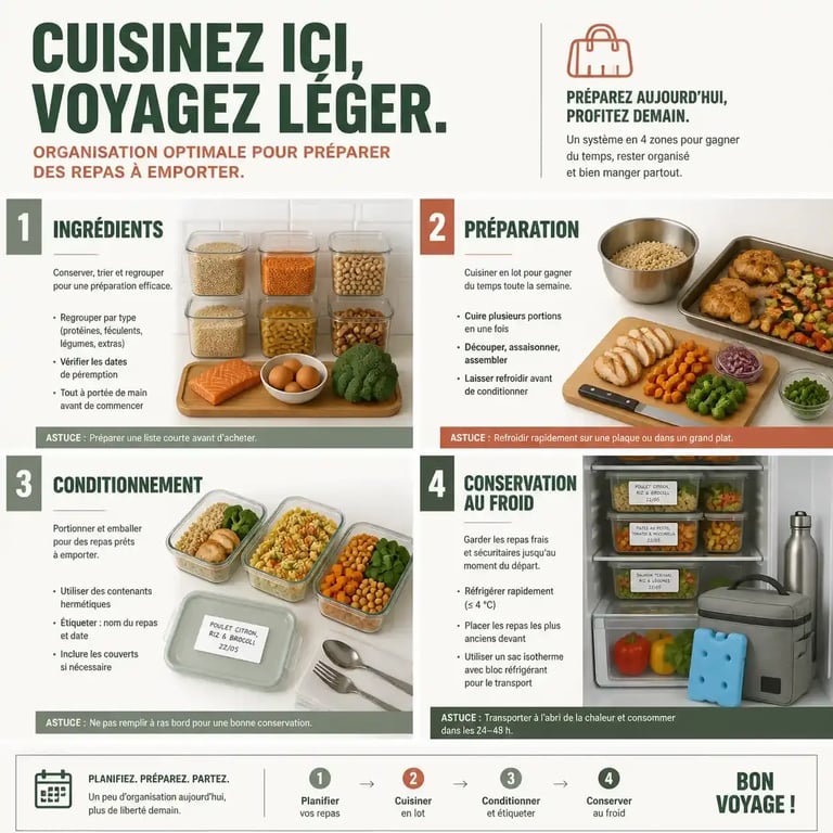 Schéma d'organisation en 4 zones pour organiser sa cuisine pour préparer des repas de voyage