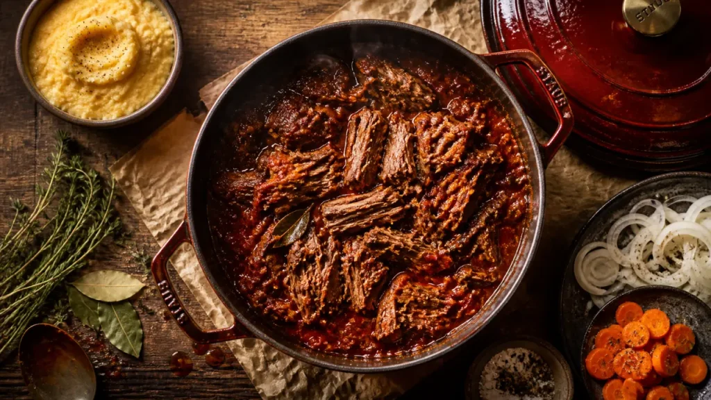 Jarret de bœuf à l’italienne : cuisson lente, sauce tomate et viande fondante