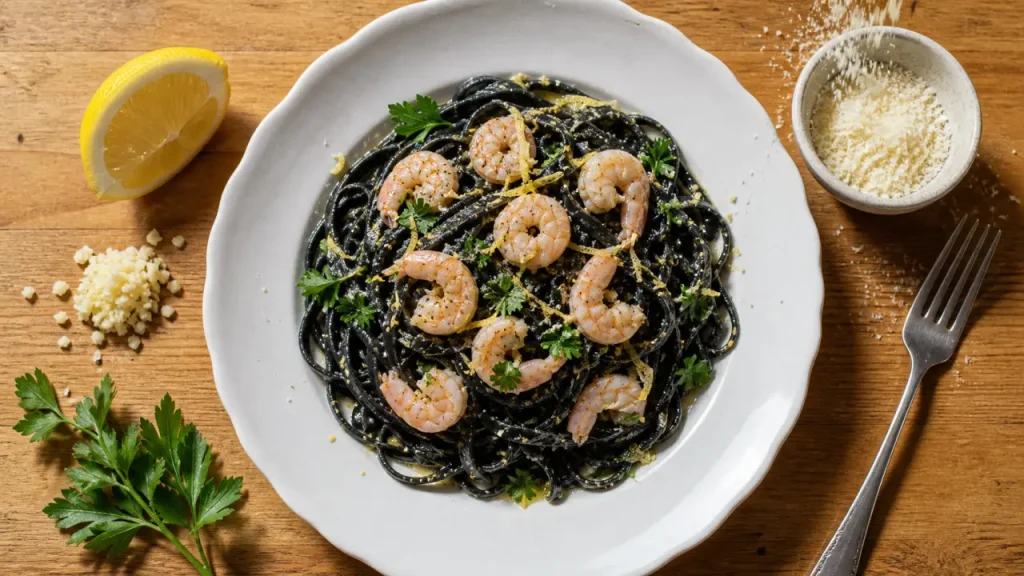 Pâtes à l’encre de seiche aux crevettes, une recette italienne de 30 minutes, citronnée et bien liée