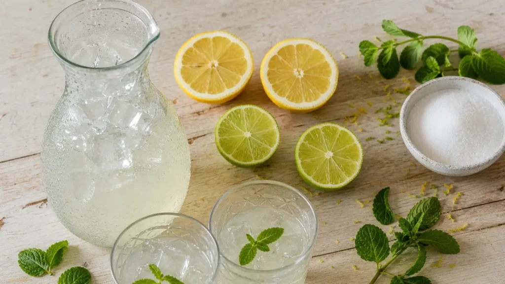 Citronnade maison : 1,5 L bien frais, 60 g de sucre et eau plate