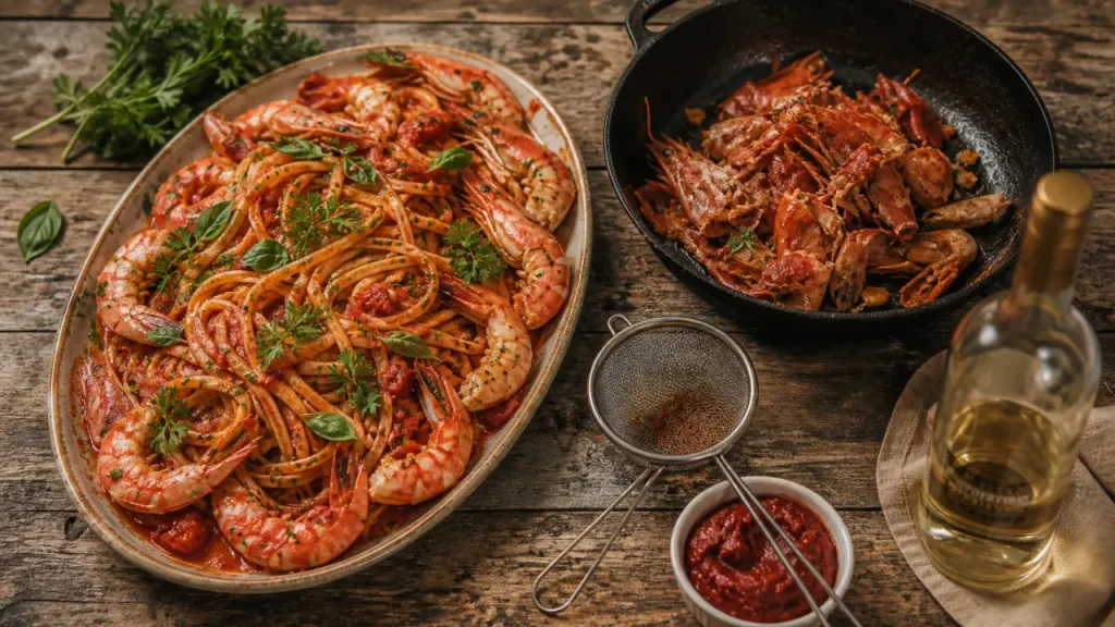 Pâtes aux gambas réussies : têtes, cuisson courte et sauce nappante