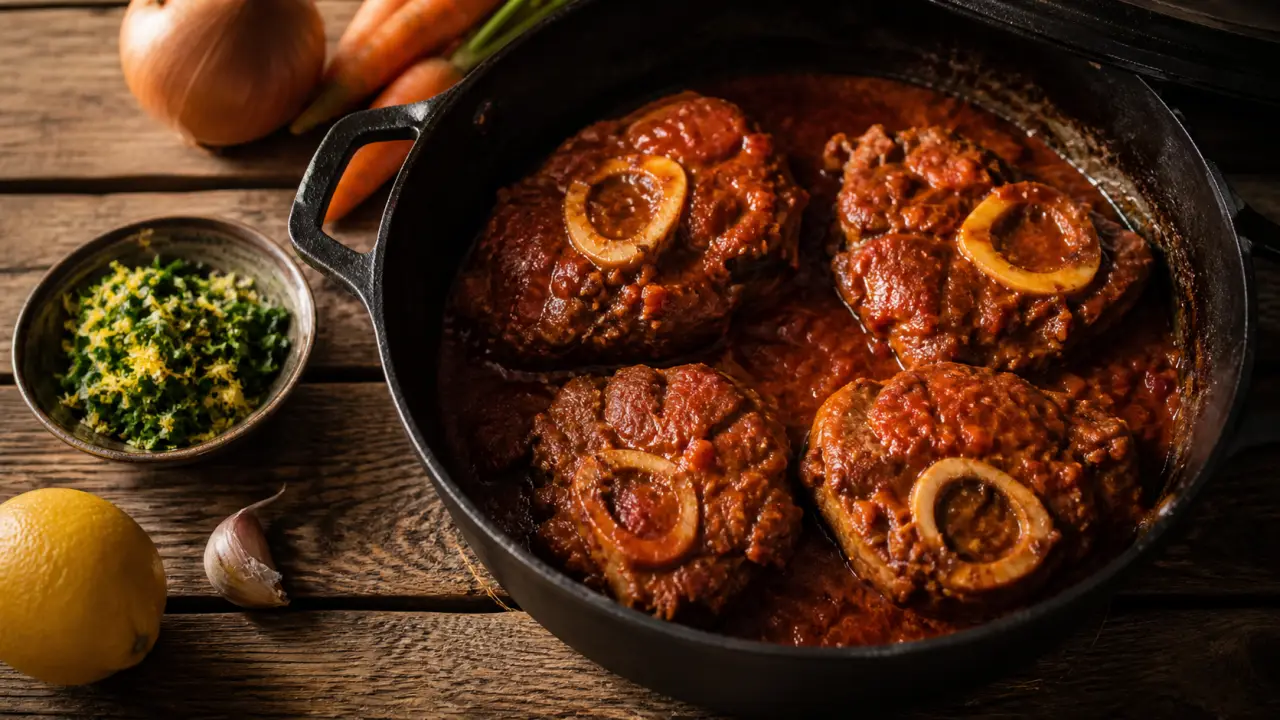 Recette osso bucco italienne : jarret de veau, gremolata, sauce tomatée