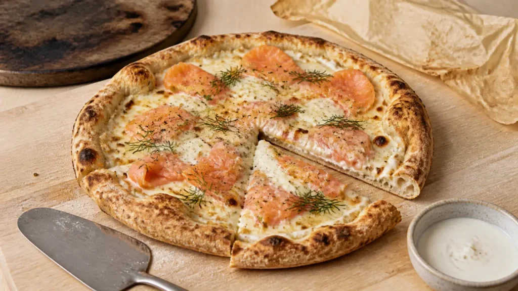 Pizza au saumon fumé italienne : pâte croustillante, base crème et cuisson à 240°C