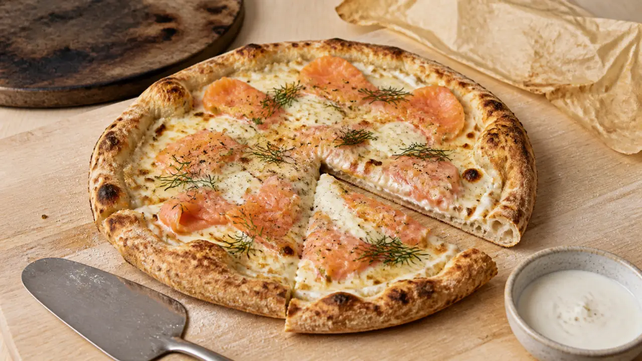 Recette pizza saumon fumé italienne : pizza blanche crème, mozzarella, saumon, aneth
