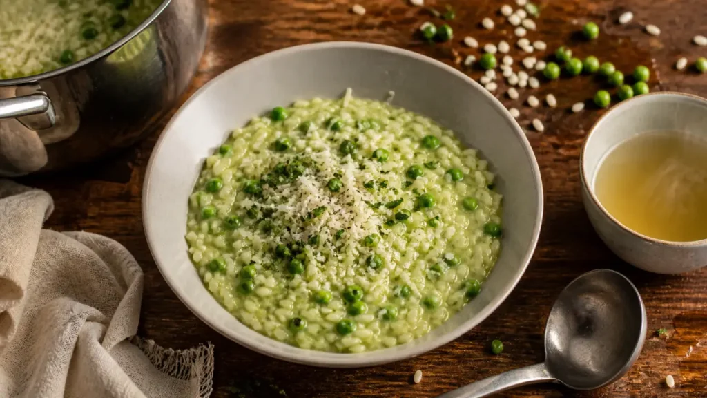 Risotto petit pois italien : le Vialone Nano, le bouillon chaud et la texture souple