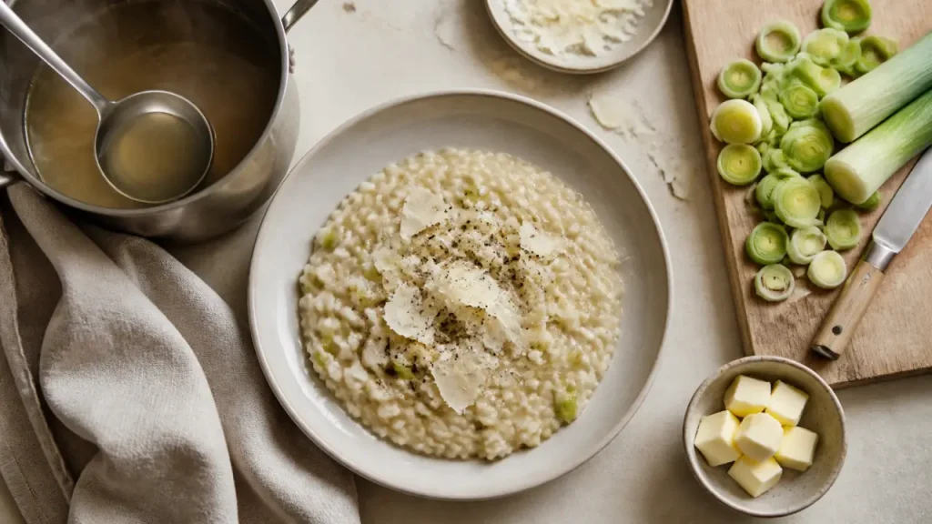 Risotto poireaux italien : le bon riz, le bouillon chaud et la finition crémeuse