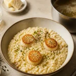 Risotto saint-jacques italien, émulsion soyeuse et noix dorées