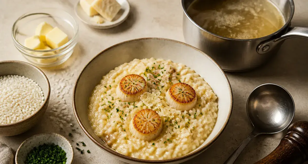 Risotto saint-jacques italien, émulsion soyeuse et noix dorées
