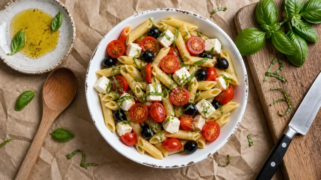 Salade de pâtes italiennes : cuisson al dente, basilic frais et service froid