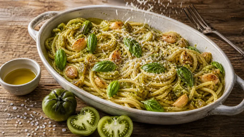 Tomates vertes en cuisine italienne : spaghetti au four, pesto rustique et acidité maîtrisée