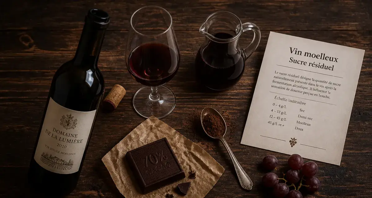 Vins rouges sucrés : vin moelleux rouge, bouteille ouverte et verre tulipe
