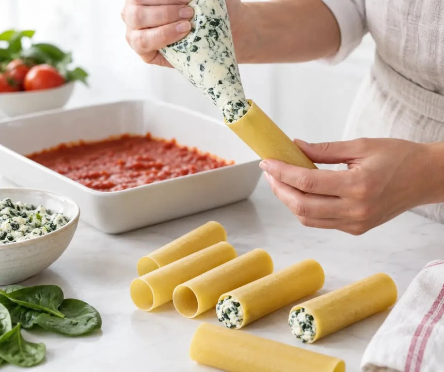 Remplissage des cannelloni ricotta épinards pour une recette italienne