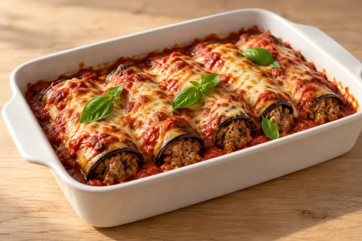 Recette italienne d'aubergine à la viande hachée en involtini gratinés au four