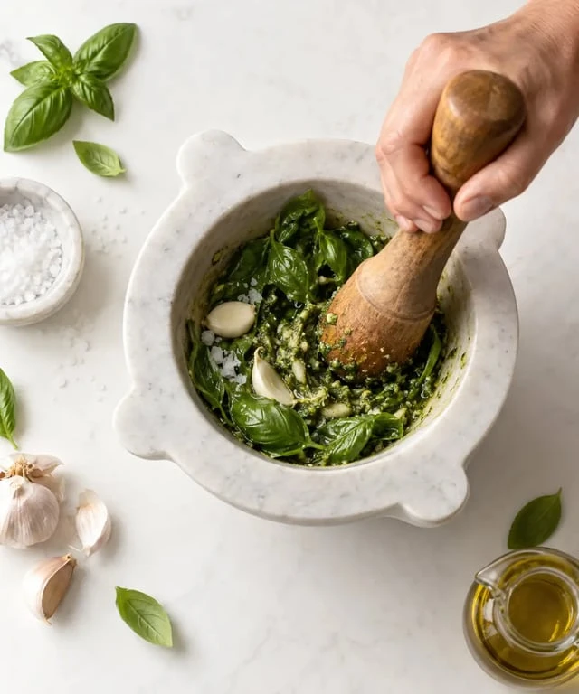 Préparation du pesto italien au mortier et pilon selon la méthode traditionnelle ligure