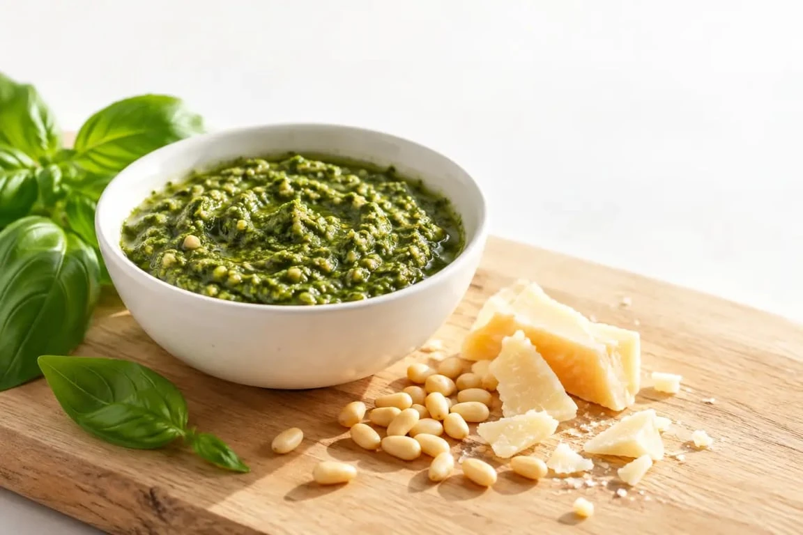 Pesto alla Genovese maison dans un bol avec basilic frais et pignons, recette italienne traditionnelle