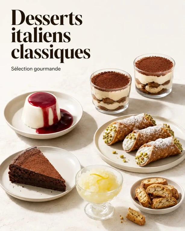 Sélection de desserts italiens classiques : tiramisu, panna cotta, cannoli et autres spécialités régionales