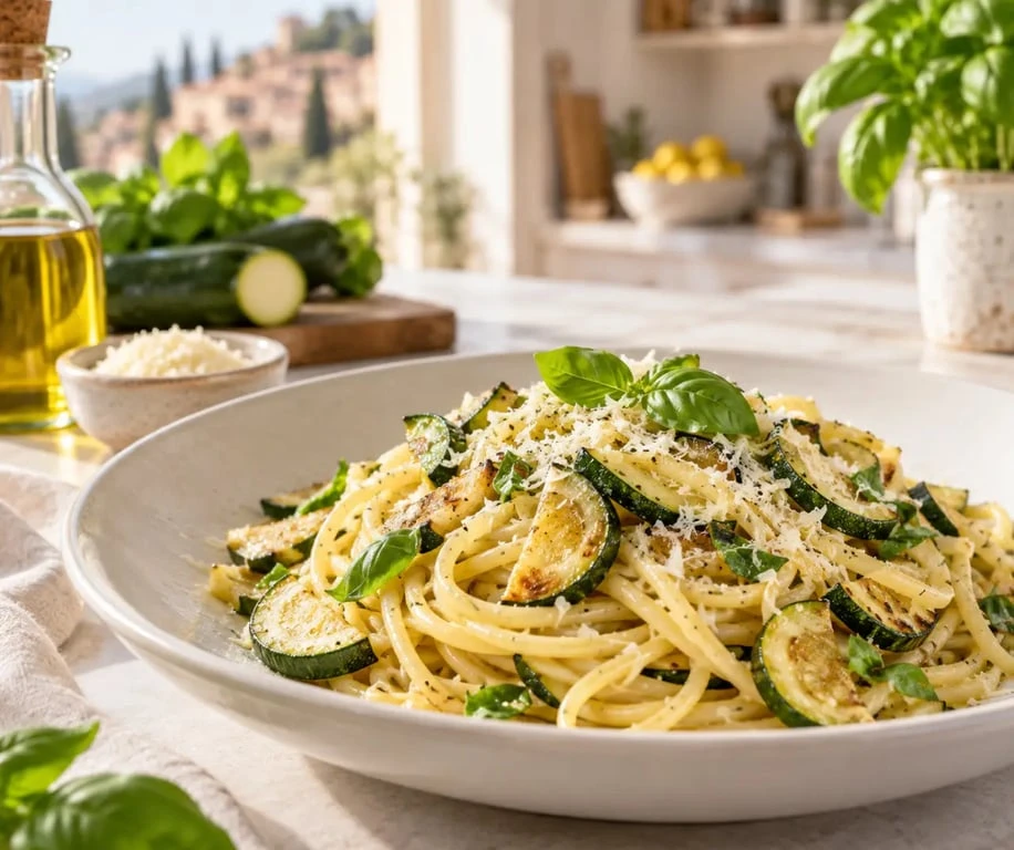 Pâtes aux courgettes, recette italienne au basilic et parmesan
