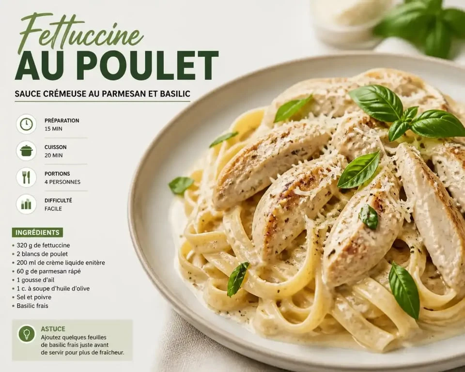 Recette de pâtes au poulet à la sauce crémeuse italienne dans une assiette