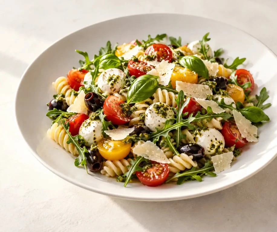 Recette de salade italienne aux pâtes, tomates, mozzarella et pesto