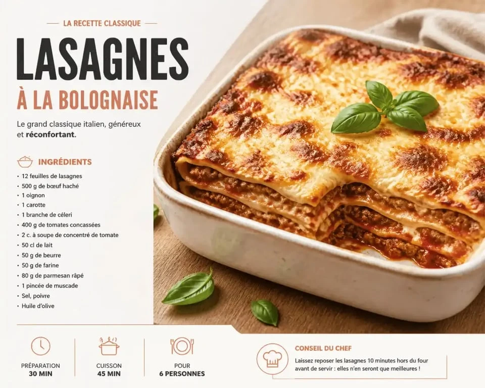 Recette italienne de lasagnes traditionnelles à la bolognaise gratinées au four