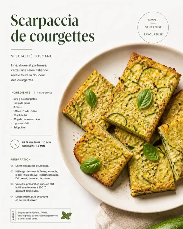Recette de galette de courgette italienne scarpaccia dorée au parmesan et au basilic