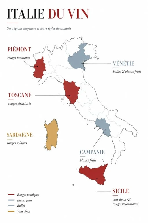 Carte des régions du vin italien avec Piémont, Toscane, Vénétie, Sardaigne, Sicile et Campanie