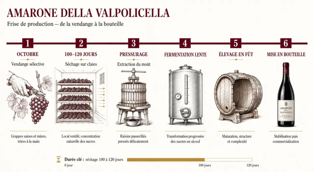 Frise du processus du vin italien amarone, de la vendange au séchage puis à l’élevage