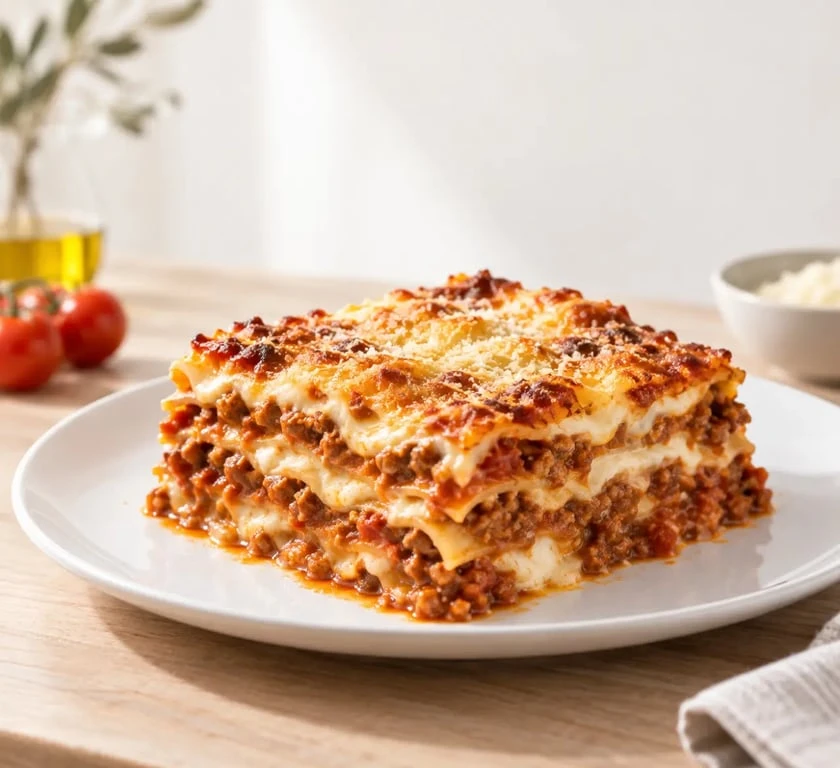 Recette lasagne italienne à la bolognaise avec couches de pâte, ragù et béchamel