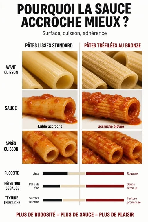 Pâtes italiennes haut de gamme comparées selon le tréfilage bronze, le séchage lent et la texture