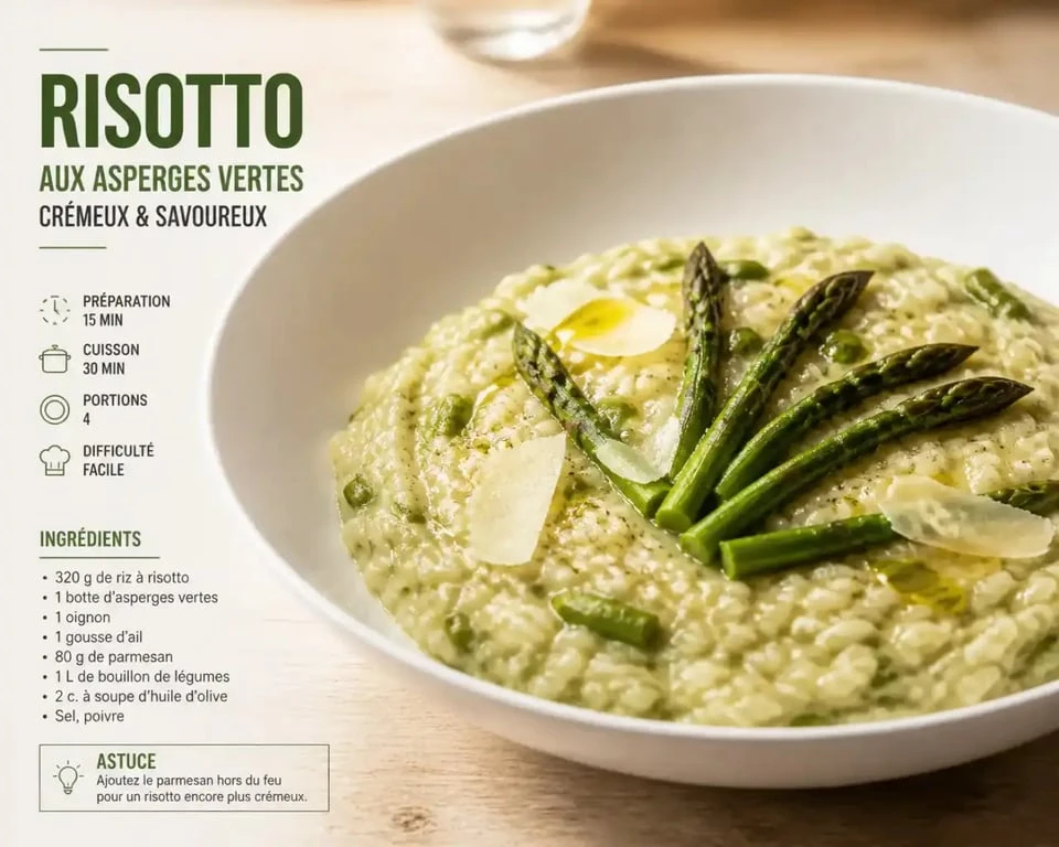 Risotto asperges vertes recette italienne servi dans une assiette blanche avec copeaux de parmesan