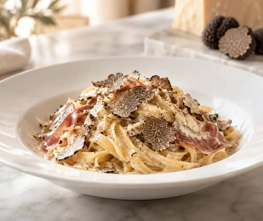 Recette italienne pâtes aux truffes avec tagliatelles crémeuses et copeaux de truffe
